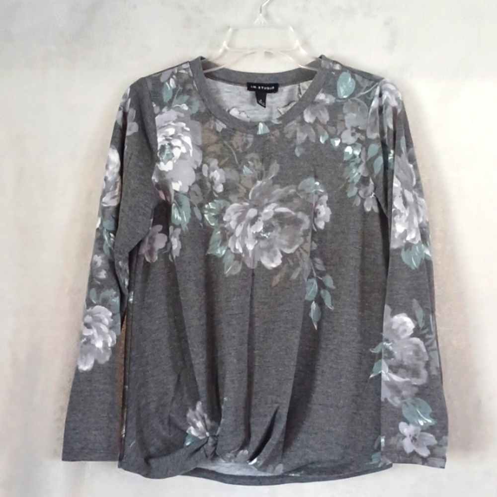 I.N. Studio Women's Gray Long Sleeve Floral Printed Blouse Size 6 Juniors.